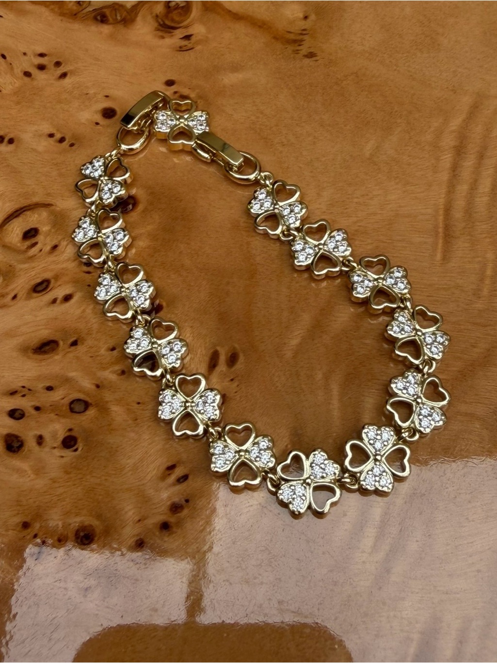 Gold Rhinestone Four Leaf Clover Bracelet